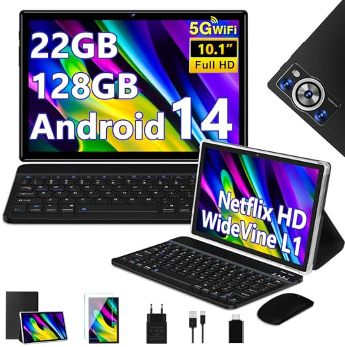 DEERTiME 2026 Newest Tablet Android,Tablets 10.1 Pollici 22GB RAM+128GB ROM(TF 2TB), 8-Core 2.0 GHz/5G WiFi/8000mAh/Corpo Metallico/BT5.0/5MP+8MP/Face ID/FHD/GPS Tablet con Tastiera e Mouse - Nero