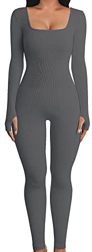 Fiacafyo Women Yoga Long Sleeve Square Neck Stretchy Playsuit Slim Fit One Piece Bodysuit Seamless Ribbed Square Neck Sport Jumpsuits (A-Dark Grey, XL)