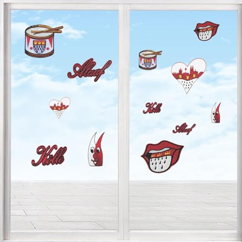 24 immagini per finestre, motivo carnevale, colore rosso, bianco, decorazione per finestre, motivo Carnevale, Colonia, Hippie, cuore, Alaaf, per bambini, anti-collisione, per finestre, in vetro