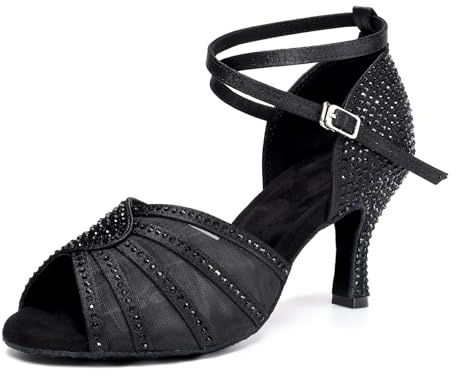 RUYBOZRY Zapatos Baile Latino Mujer con Rhinestone Punta Abierta Zapatos Bachata Salsa Tango Suela de Ante con Tacón 7,5 cm Negro, EU 40