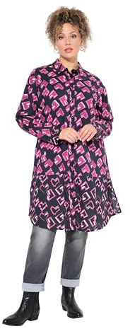 Ulla popken damer stora storlekar överdimensionerade plus size långblus, hjärtan, A-linje, skjortkrage, långärmad, Rubin, 50-52