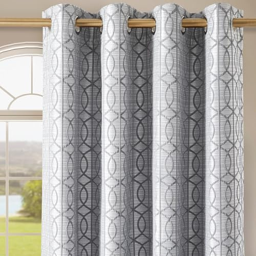 HORIMOTE HOME 100% Blackout Eyelet Curtains 90x90 Inch (2 Panels) - Thermal Insulated Curtains with Noise Reduction, Heavyweight Jacquard Woven Grey Curtain for Bedroom,Living Room