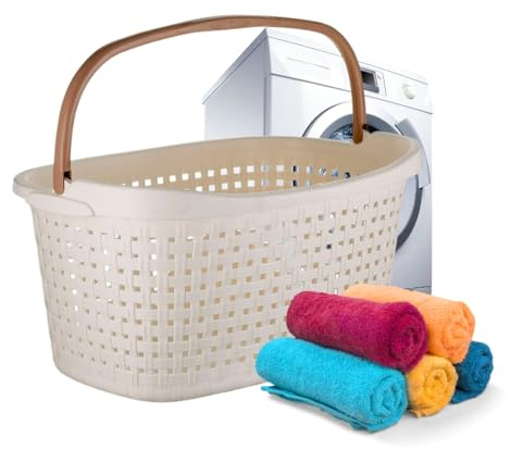 Wäschekorb mit Henkel 40 L Wäschewanne mit Henkel geflochten Wäsche Korb Wäschebox Wanne Wäschesammler Modern Rattan Optik Waschkorb