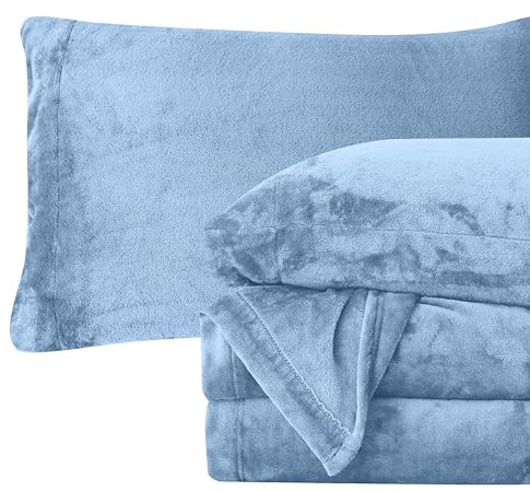 Elegant Comfort Luxuriously Soft 4-Piece Velvet Plush Flannel Sheet Set - Premium Quality - Cozy Warm, Anti-Static, Non Pilling Fuzzy Velvet Flannel Fleece Deep Pocket Sheet Set - Queen, Denim Blue