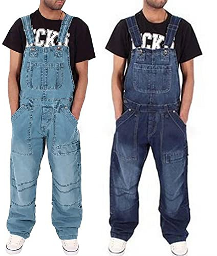 Generisch Salopette en jean pour homme - Longue - Oversize - Noir - Pantalon de travail baggy des années 90 - Pantalon cargo - Pantalon d'été - Salopette de travail - Streetwear, bleu clair, M
