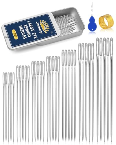 Jnenery Agujas de coser de ojo grande, 7 tamaños de agujas de acero inoxidable para coser a mano, cuero, bordado, reparación, acolchado, fácil enhebrado con enhebrador, dedal para artesanos, personas