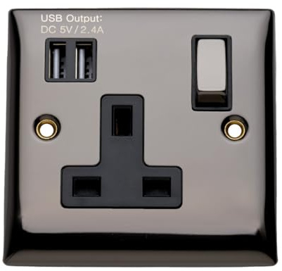 Britelite Single Plug Socket with 2 USB Ports - Black Nickel Finish Type G 13A Outlet, Dual USB-A Charging Station & UK Socket Combo, Wall Hardware for Modern Home Décor