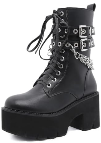 HFWXYSA Stivaletti da Combattimento da Donna con Plateau E Tacco Largo Biker Militare Stringati Stivali Anfibi Punk Gotici con Fibbia,Nero,35 EU