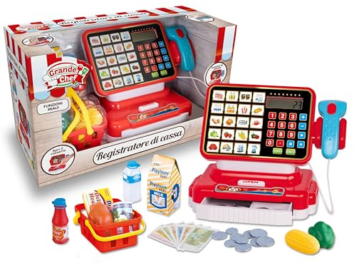 Teorema Giocattoli, Cassa Giocattolo per Bambini, Registratore di Cassa Giocattolo con Scanner Luci e Suoni, Calcolatrice Vera e Accessori Supermercato Inclusi