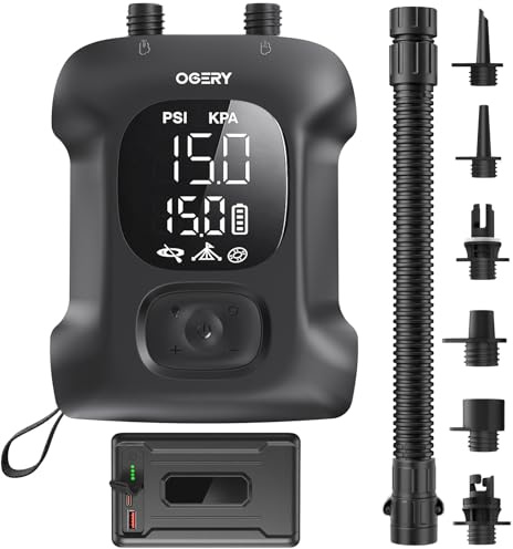 OGERY Paddle Board Electric Pump, Inflates 4.5 SUPs Long-Lasting Battery, 20PSI SUP Pump with 65W Power Bank, Auto-Off Dual Stage Inflation & Deflation, Rechargeable Air Pump for Sup Kayak Boat Tent