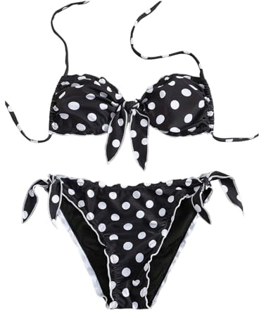 WDIRARA Women's Polka Dots 2 Piece Swimsuit Knot Front Halter Bikini Set Tie Side Bathing Suit Black and White Small
