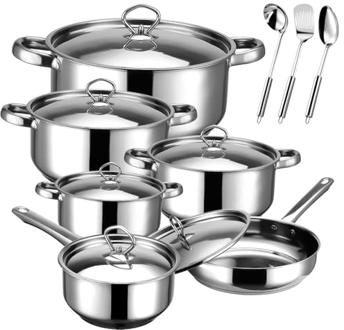 Hunnycook Stainless Steel Pot and Pan Set - 15Pcs Induction Hob Pots and Pans Sets, Includes 5 Pots and Saucepan with Lid, Frying Pan & 3 Kitchen Tools, Nonstick & Fixed Handles, PFOA Free