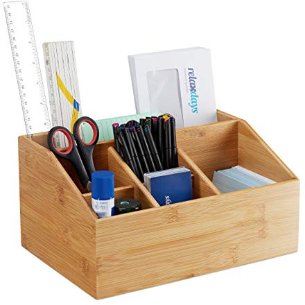 Relaxdays 10028807 Organiseur de Bureau Bambou, 6 Compartiments, Organisateur Crayon, boîte Rangement HLP 14x28x19,5 cm, Naturel, Nature, 1 élément