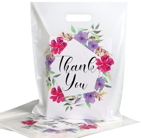 Lot de 50 Sac Plastique Fleuris, Thank You Sachet avec Poignées 30 x 38cm, Sac Emballage Cadeau pour Invites Mariage Anniversaire, Sacs de Transport Marchandise pour la vente au détail, les magasins