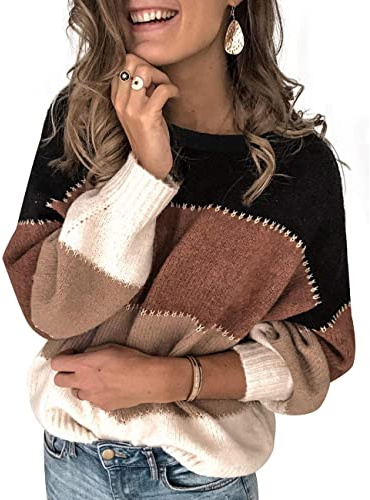 heekpek Pull Femme Chic Chaud Pas Cher Rayé Ample Mode Pullover Col Rond Hauts Manche Longue Pull Femme Hiver Pull Tricoté, Noir, Taille XL