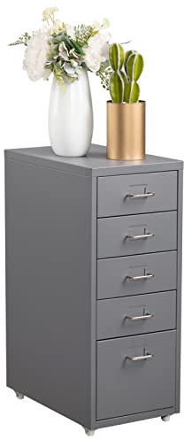 HollyHOME Caisson Métallique à 5 Tiroirs, Organisateur de Classement Roulant pour Bureau, Meuble de Rangement Moderne avec Roulettes pour Maison et Bureau, Gris