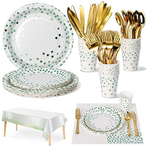 Nkaiso Partygeschirr Kindergeburtstag 141Stück Grün Punkt Partyteller Geburtstag Mädchen Party Papier Geschirr Set Teller Becher Servietten Wiederverwendbar Geschirr zum Geburtstagsdeko-20 Gäste