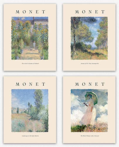 Wallbuddy Monet Wall Art Set of 4 Wild Garden Titled Paintings Beautiful Art/Monet Prints Nature Collage for Bedroom Aesthetic Posters & Famous Gifts Her Room Decor (8x10)