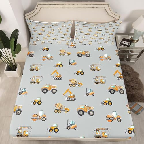 Bagger Spannbettlaken 120x200 cm, Mikrofaser Bettlaken für Kinder, 3D Bagger Bettlaken Spannbetttuch 120 x 200 für Matratze bis 30 cm Höhe Mit 1 x Kissenbezügen C1089