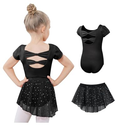 Gogokids Girls Ballet Leotards with Removable Skirt Dance Dress for Toddler Bodysuit with Hollow Bow Back 10-11 Years Black