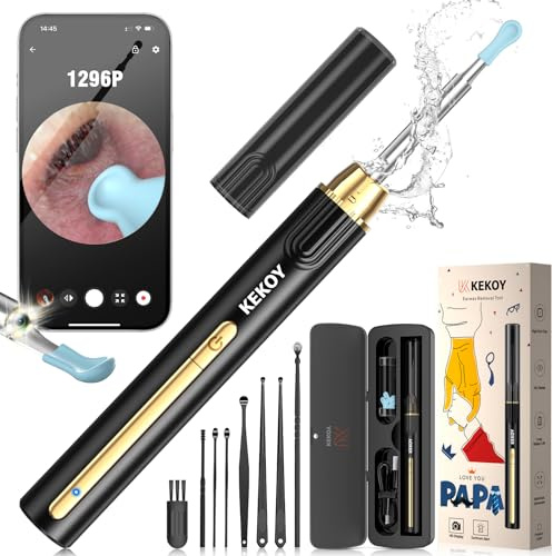 Kekoy P8 Ear Wax Removal Kit, WiFi Ear Cleaner with Camera 1296P HD, Rechargeable Ear Wax Remover Tool for iOS & Android, Ear Wax Removal Tool with Lights for Adult & Kid(Black Gold for Dad)