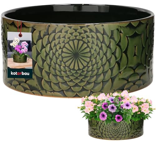 KOTARBAU® Keramik Pflanzschale rund Grün Höhe 13 cm ⌀ 28 cm Blumenschalen für draußen Übertopf groß Blumentopf flach rund Blumenschale rund Pflanztopf Blumentopf Schale Blumengefäß