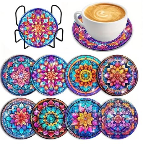 Diamond Painting Untersetzer Mandala mit Halter,8 Stück 5D Diamond Painting DIY Set für Kinder Erwachsene Basteln,Anfänger Diamant Tassenuntersetzer rutschfest fur Tassen,Vasen,Kerzen