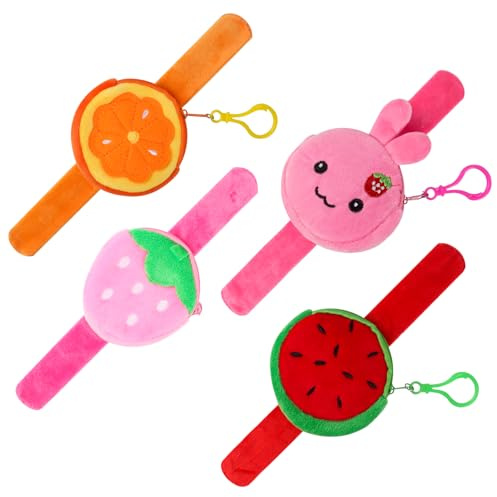 JWTRSVTY 4PCS Porte-Monnaie Bracelet Slap, Portefeuille Anneau Pop à Monnaie Claque, Porte-Monnaie Bracelet Claque, Cartoon Peluche Bracelets Slap Jouets,Filles Mini Peluches Bracelets(Fruits Série)