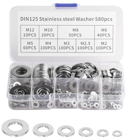 580 PcsWashers for Screws, Stainless Steel Flat Penny Washers for Bolts and Nuts, Metal Washer Assorted M2 M2.5 M3 M4 M5 M6 M8 M10 M12 Washer Set for Automotive Factories Repair