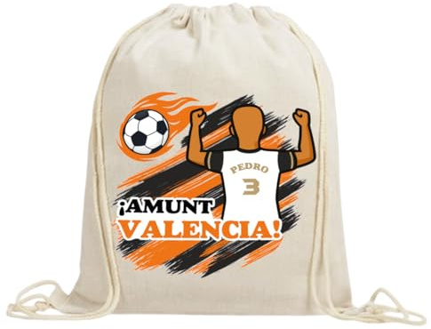 xulisimo Mochila saco personalizada para equipos de fútbol en algodón orgánico, con nombre, dorsal, género y pelo, ligera y resistente hasta 9 kg, ideal para niños y adultos (Valencia, Chico)