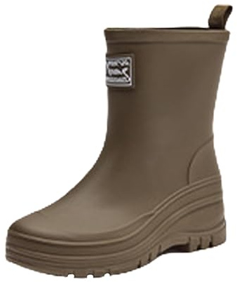 Utomhus gummiskor dam platåskor, dam Mid Calf regnstövlar, enfärgade platta tjocka halkfria, avslappnade utomhus gummistövlar skor, lätta regnskor, BRUN, 40 EU