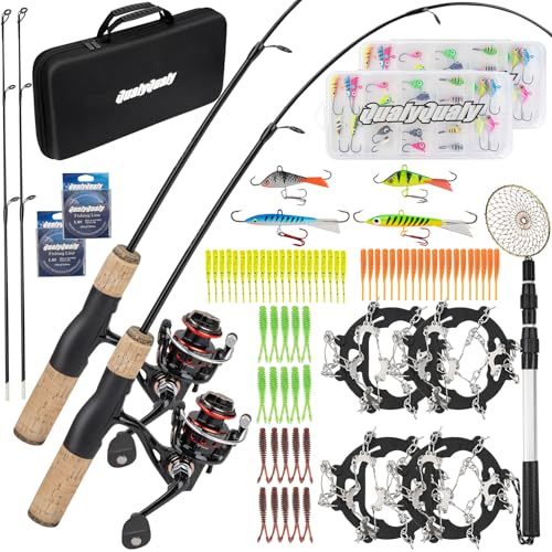 QualyQualy Ice Fishing Rod and Reel Combo, 28'' Ice Fishing Rod Set with Inline Reels Ice Cleat Jig Heads and Fishing Line Ice Fishing Gear Ice Fishing Jig Line (28‘‘ Fishing Combo-2 Packs)