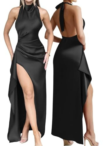 AOWVUTS Vestito Lungo Donna Abito Maxi con Scollo Halter Senza Schienale Seta Elegante Vestiti da Cerimonia Senza Maniche Spacco Sexy Abito da Sera Festa Cocktail Banchetto Party Club