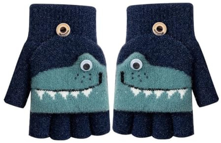 YUVKIN 1 Paio Guanti per Bambini a Tema Coccodrillo Senza Dita con Copertura a Muffola, adatto a bambini dai 5 ai 12 anni(Blu Marino)