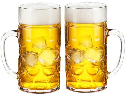 HAOHEJIA Set di 2 bicchieri da birra da 1 litro/boccale di birra in plastica con manico, stabili, bicchieri da birra/bicchieri da birra/bicchieri da birra trasparenti in plastica per bevande in