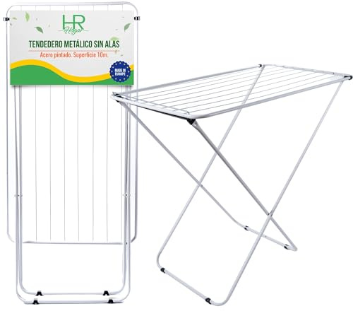 HR Hogar Tendedero de Ropa Plegable Sin Alas de Acero Blanco con Superficie de Secado 10m - Ligero y Compacto con Patas Antideslizantes con Fácil Plegado para Pequeños Espacios - Fabricado en Europa