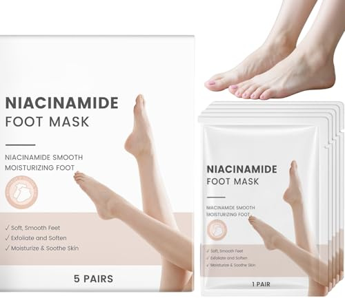Masque pour les Pieds à la Niacinamide, Masque Hydratant et Exfoliant pour le Soin des Pieds Secs et Craquelés, Masque Peeling Hydratant pour des Pieds Doux et Lisses, 5 Paires (1 BOX)