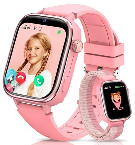 Nuevo 4G Reloj Inteligente Niño con Videollamada & GPS, Smartwatch Niños con SOS, Chat de Voz, Modo Escuela, Podómetro, Despertador, Monitor de Sueño IP68 Impermeable Regalo para Niños Niñas, Rosa