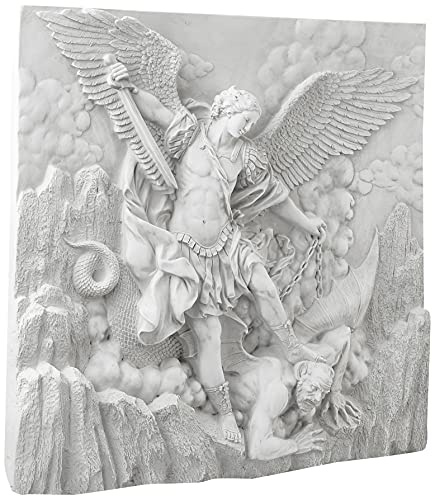 Design Toscano Michael the Archangel Slaying Demon Indoor/Outdoor Wall Frieze Sculpture, 22 inches wide, Cast Stone Resin, Antique Stone Finish