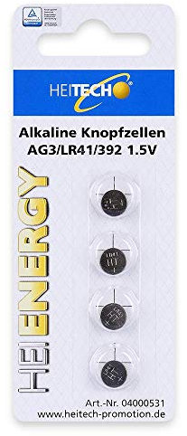 HEITECH 4er Pack AG3 Alkaline Knopfzellen Batterie TÜV geprüft 1,5V – AG3/LR41/392 - Knopfbatterien auslaufsicher & mit Langer Haltbarkeit