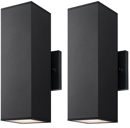 mirrea Modern Outdoor Porch Light Patio Light in 2 Lights with Aluminum Rectangular Tube and Tempered Glass Cover Waterproof Wall Sconce 2 Pack (Matte Black)