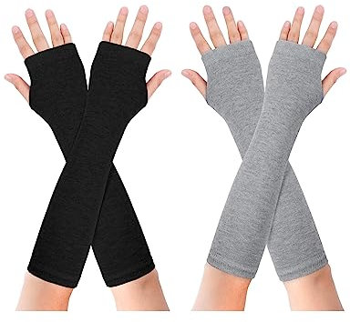 Becellen 2 Paar Lange Armstulpen, Thermo Gestrickte Fingerlose Handschuhe Warm Winterhandschuhe Dehnbar Handstulpen Pulswärmer mit Daumenloch Über für Damen Herren