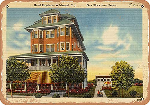 7 x 10 METAL SIGN - New Jersey Postcard - Hotel Keystone, Wildwood, N. J, one block from beach - Vintage Rusty Look