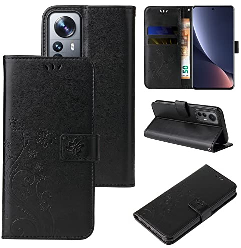 LBH Handy Hülle für Xiaomi 12 Pro Case Handytasche Schmetterling Blumen Flower Standfunktion Schutzhülle Magnet Rundum Schutz 360 Grad Flipcase Cover Schwarz