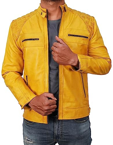 LP-FACON Veste de moto en cuir pour homme - Coupe ajustée - Style vieilli - Tendance intemporelle - Avec détails matelassés en diamant