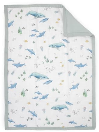 Little Unicorn Muslin Comforter Blanket | Soft & Breathable Muslin Fabric | 36x50 | 100% Cotton | Crib & Toddler Bed Blanket (Whales)