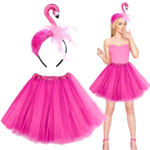 Flamant Deguisement Femme, Serre-tête Flamant, Jupe Tutu Rose, Accessoire Flamant, Costume Flamant pour Femme Hawaii Party Carnaval Halloween Déguisement