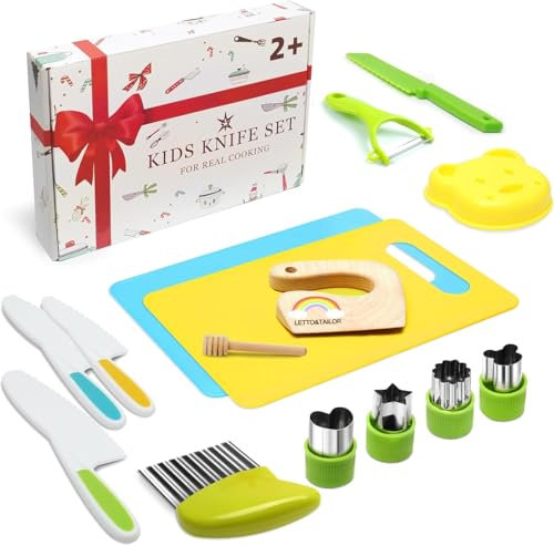 LETTO & TAILOR Coltello per bambini Set di 16 coltelli da cucina di sicurezza per bambini con tagliaverdure, coltello in legno, tagliere