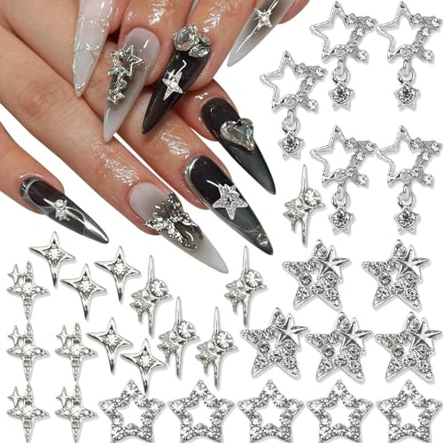 Goiern 30 pièces de charmes à ongles en forme d'étoile, argent brillant, étoiles 3D, pierres à ongles, bijou d'ongle lumière d'étoile, charmes Y2K pour ongles en acrylique, décoration, scintillants