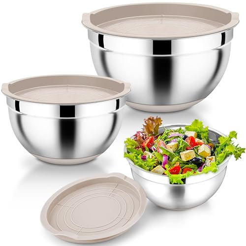 Homikit Rührschüssel 3er Set, Edelstahl Schüssel mit Luftdichtem Deckel und Silikonboden, Salatschüssel für Küche, Stapelbar, Vielseitigkeit, 1L / 2,5L / 4,5L, Khaki